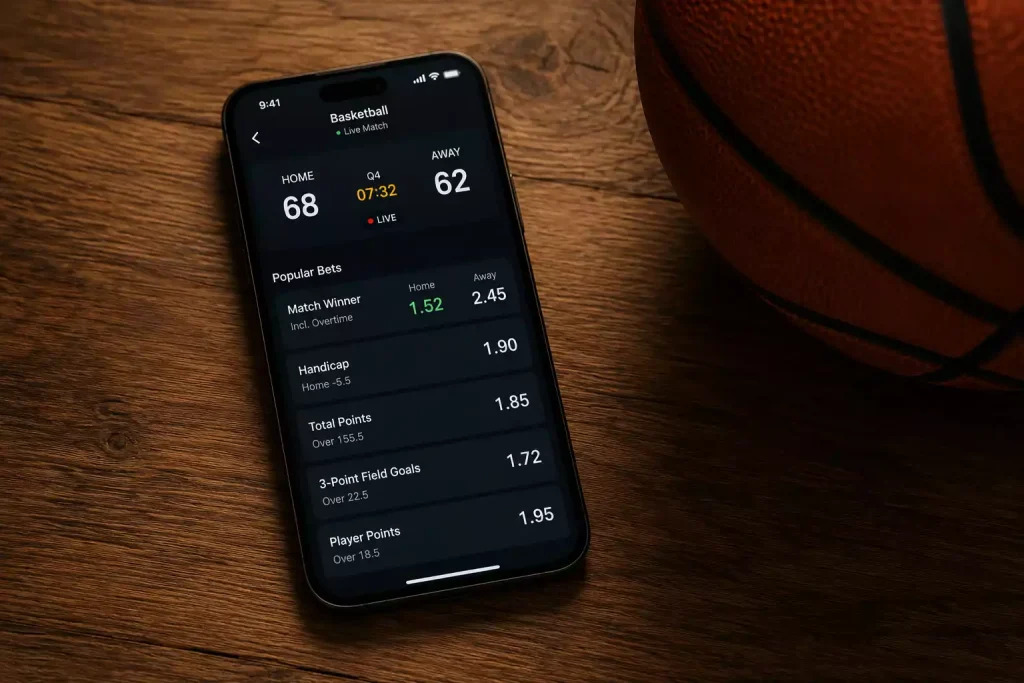 Smartphone showing a basketball betting app with a basketball on a table beside it