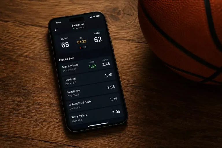Smartphone showing a basketball betting app with a basketball on a table beside it