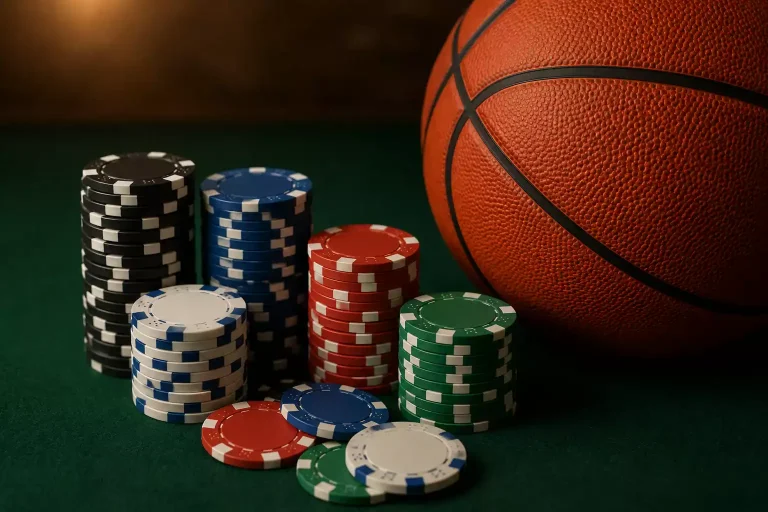 Stack of poker chips beside a basketball on a felt surface representing bankroll management