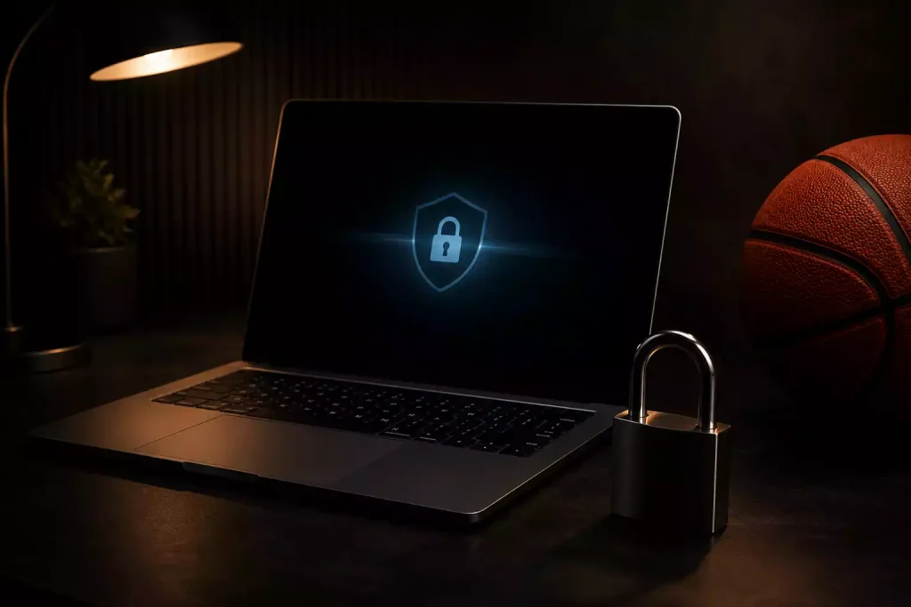 Padlocked laptop keyboard with a basketball in the background representing unlicensed betting risks