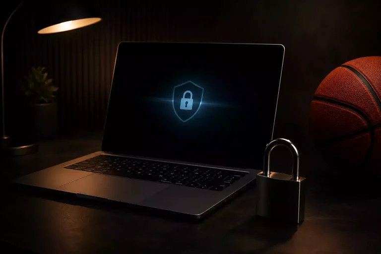 Padlocked laptop keyboard with a basketball in the background representing unlicensed betting risks