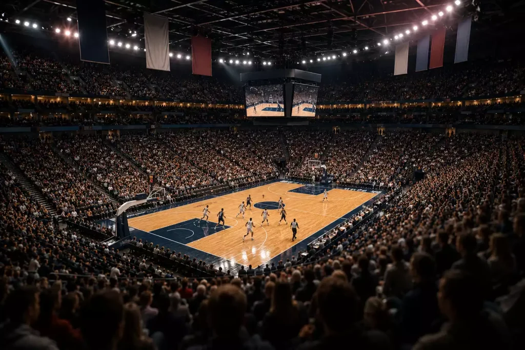 NBA basketball game in a packed arena viewed from the courtside seats