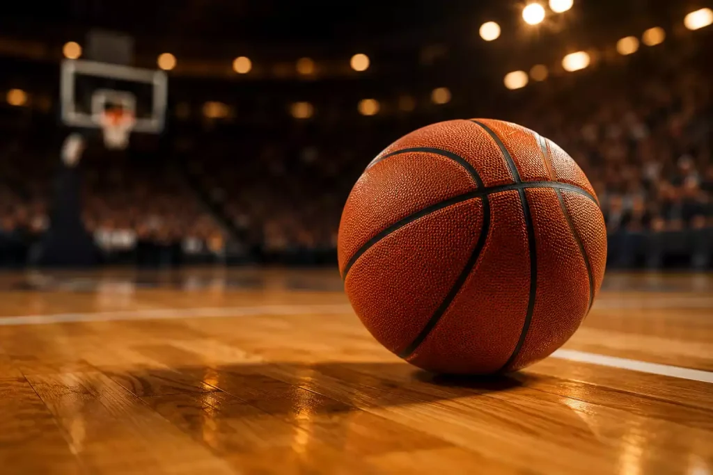 Close-up of a basketball on a polished hardwood court with arena lights in the background