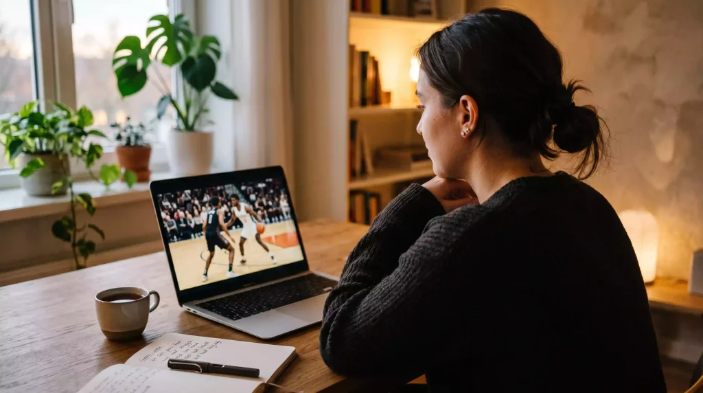 Person watching a basketball game on a laptop screen in a calm home setting