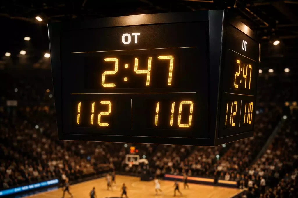 Basketball arena scoreboard displaying an overtime period during a professional game