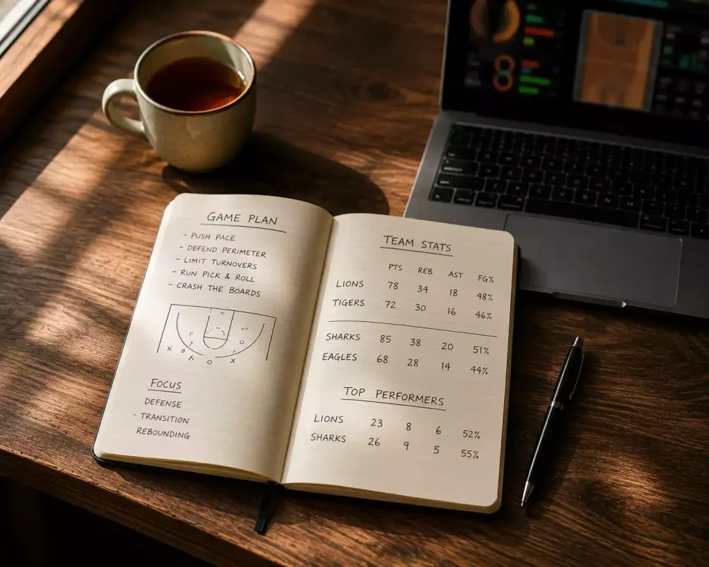 Basketball betting strategy analysis with statistical models and data on a desk
