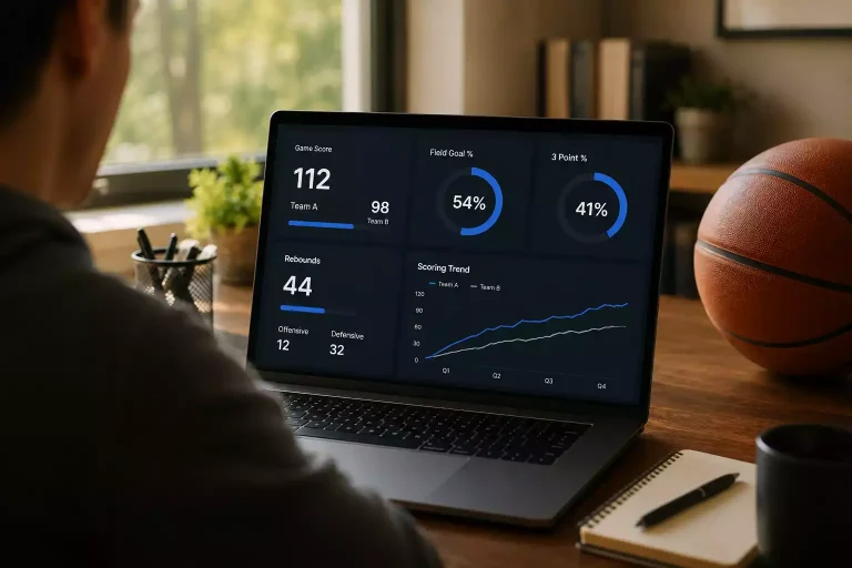 Person reviewing basketball statistics on a laptop screen with a basketball nearby