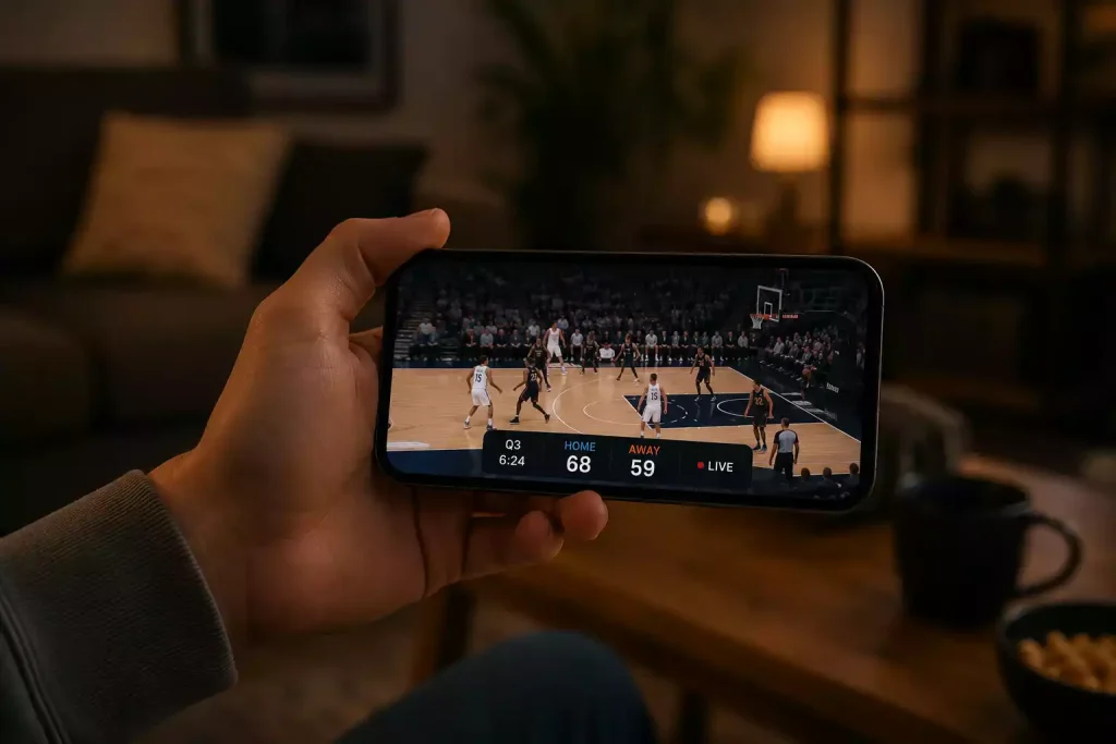 Basketball live streaming on mobile device with in-play betting odds overlay