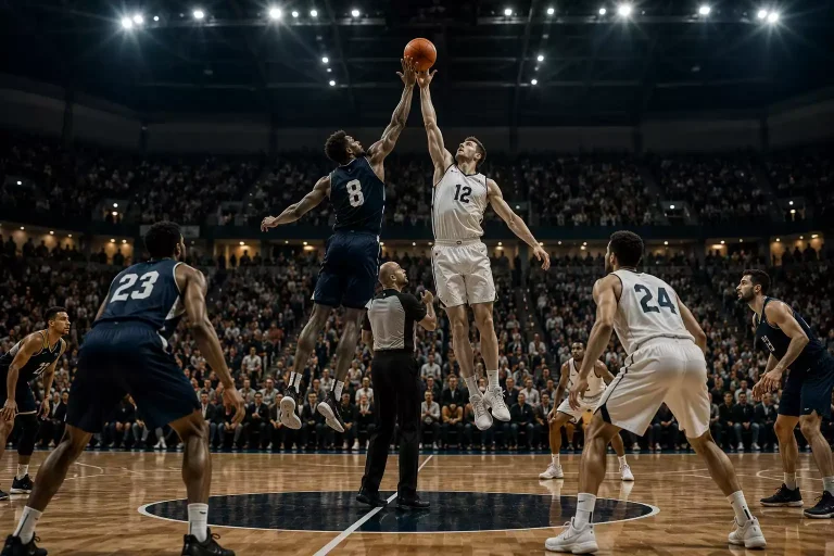 Basketball game during the first quarter with players competing near the three-point line