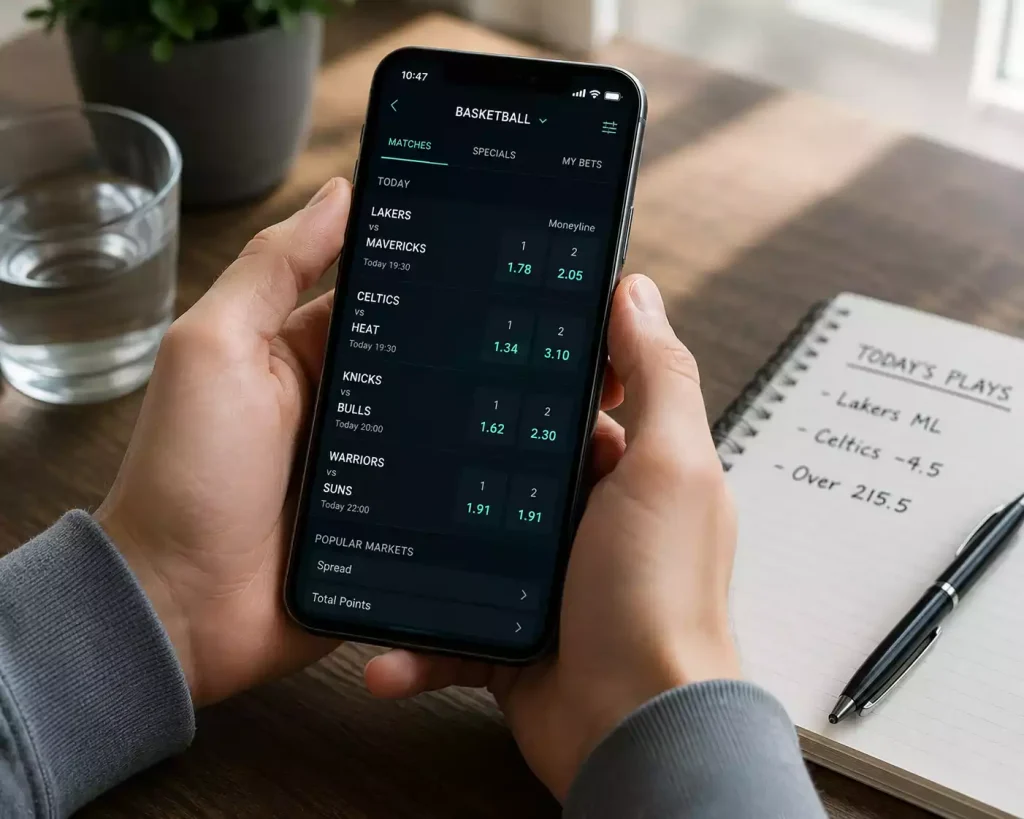 A beginner's guide to basketball betting in the UK showing odds display and bet slip