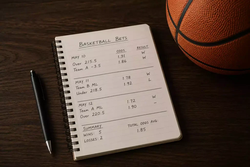 Notebook with basketball betting records and a pen on a wooden desk beside a basketball