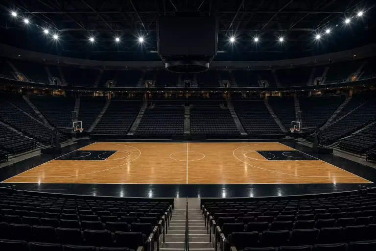 Empty NBA basketball arena with hardwood court viewed from the stands before a game