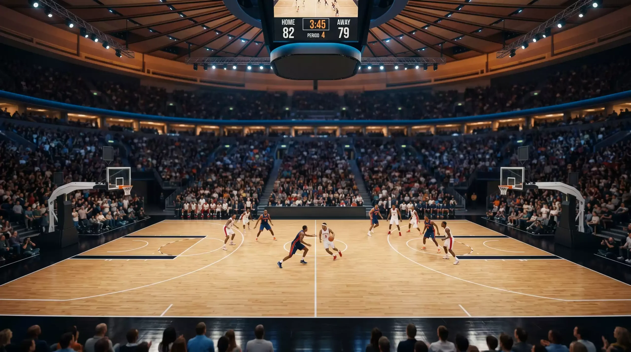 NBA arena during a live game with UK basketball betting odds displayed