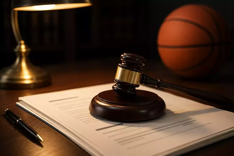 Gavel and legal documents on a desk with a basketball in the background representing UK betting regulation